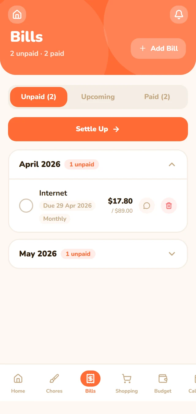 Flatmate Flow bills screen with custom per-person split
