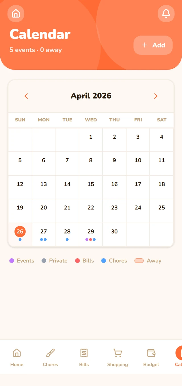 Shared household calendar with away dates and events