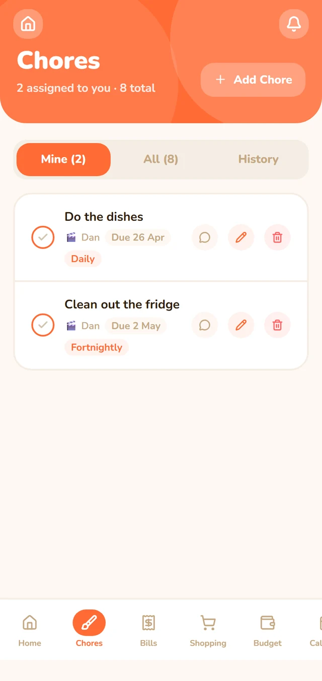 Rotating chores roster screen