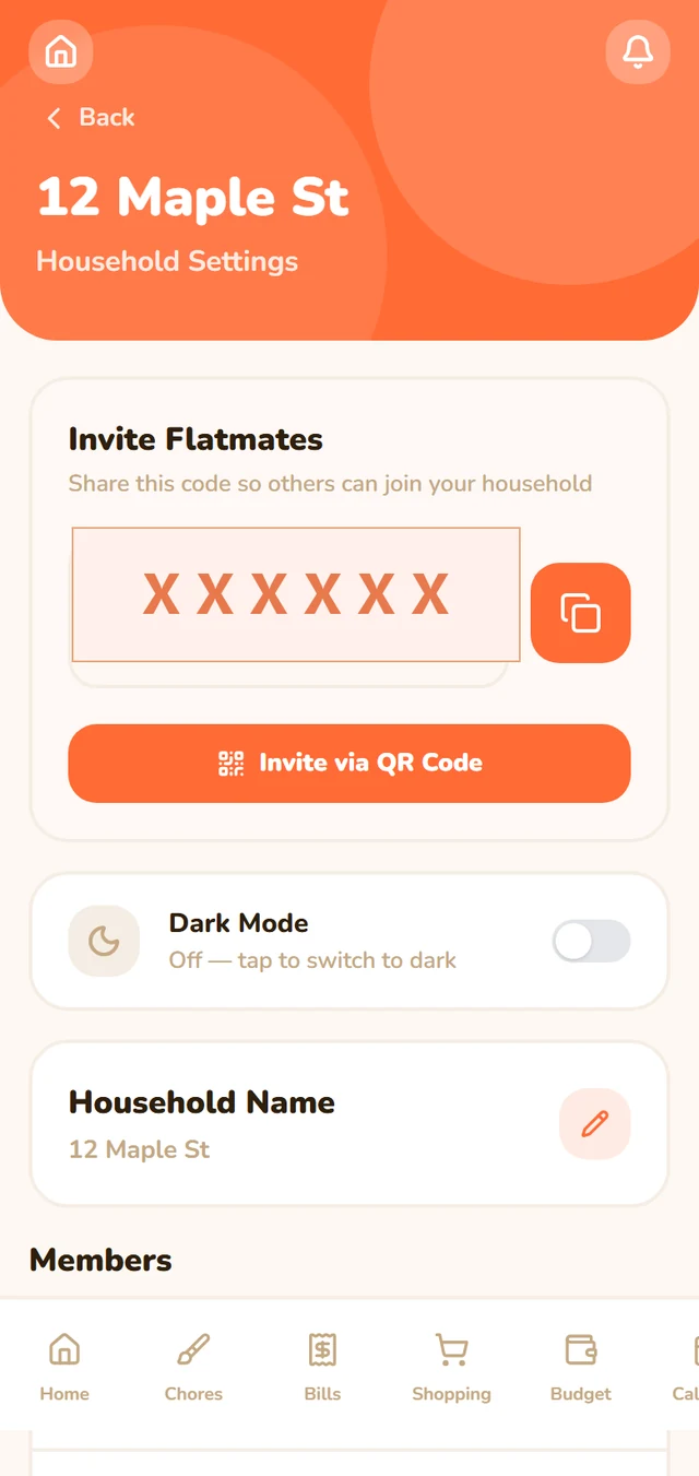 Household settings screen with join code