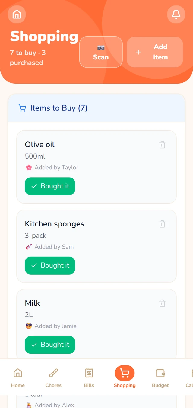 Shopping list screen after a receipt scan